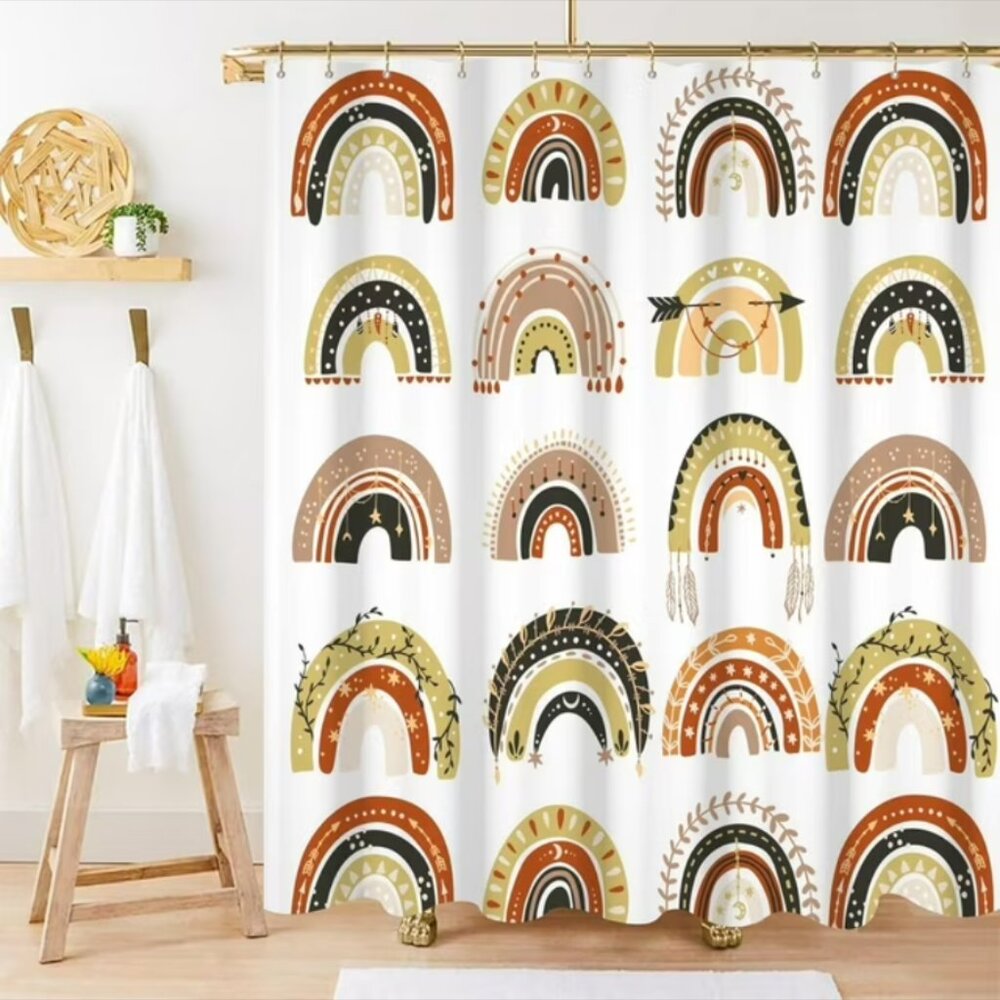 Boho Rainbow Shower Curtain Set with Hooks Terracotta and Green, 72"×72"